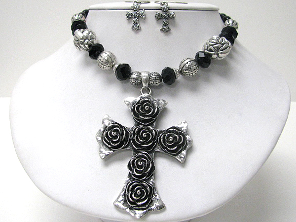 Multi rose deco cross pendant necklace earring set