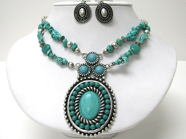 Large turquoise pendant and double chip stone link chain necklace earring set