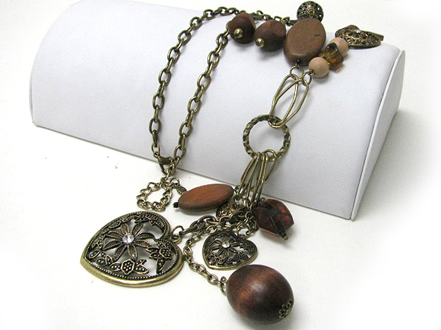 Filigree metal heart wooded ball and disk link long chain necklace erring set