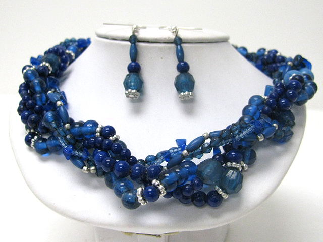 Multi strand mixed stone and beads tangled necklace earring set