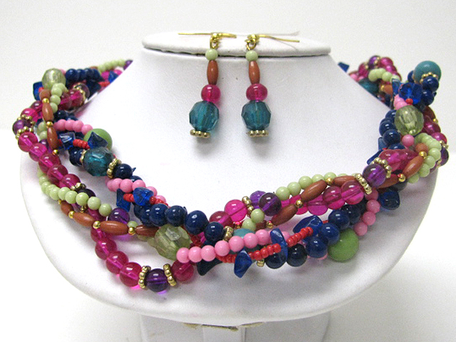 Multi strand mixed stone and beads tangled necklace earring set