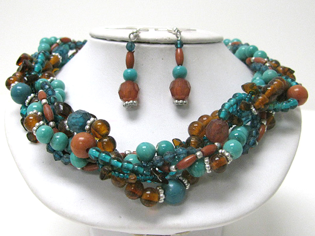 Multi strand mixed stone and beads tangled necklace earring set