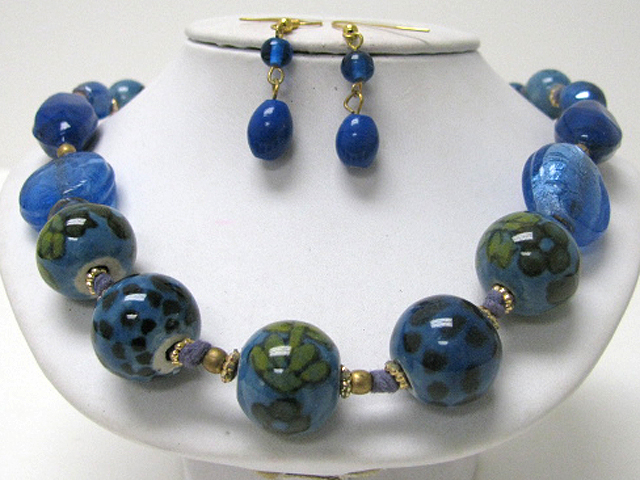 Ceramic art ball and natural stone link necklace earring set