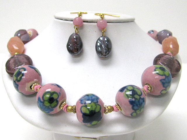 Ceramic art ball and natural stone link necklace earring set