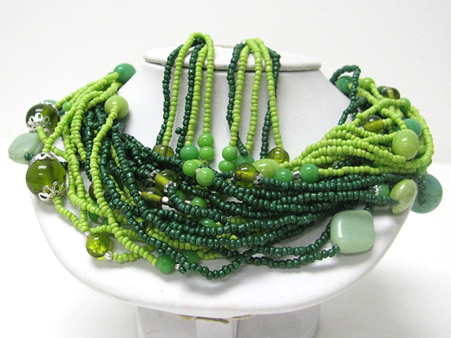 Multi strand glass beads tangled necklace earring set