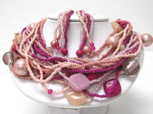 Multi strand glass beads tangled necklace earring set