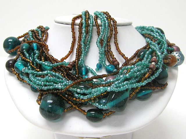 Multi strand glass beads tangled necklace earring set