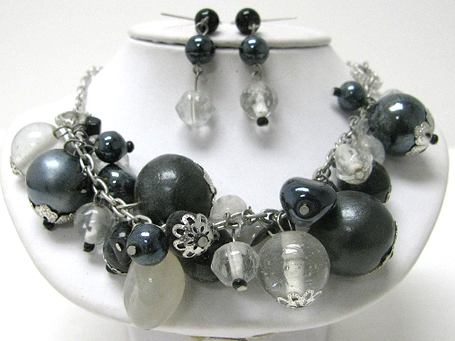 Chunky multimedia stone and ball dangle necklace earring set