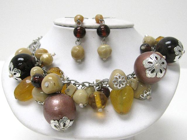 Chunky multimedia stone and ball dangle necklace earring set