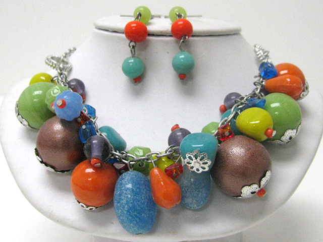 Chunky multimedia stone and ball dangle necklace earring set