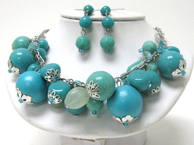 Chunky multimedia stone and ball dangle necklace earring set