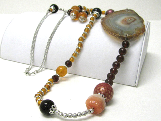 Agate stone and glass beads link long necklace earring set