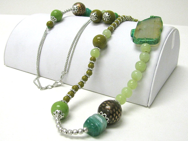 Agate stone and glass beads link long necklace earring set