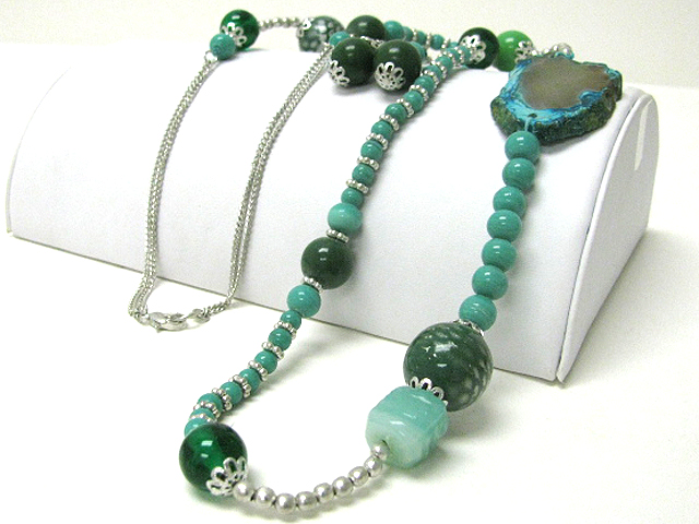 Agate stone and glass beads link long necklace earring set