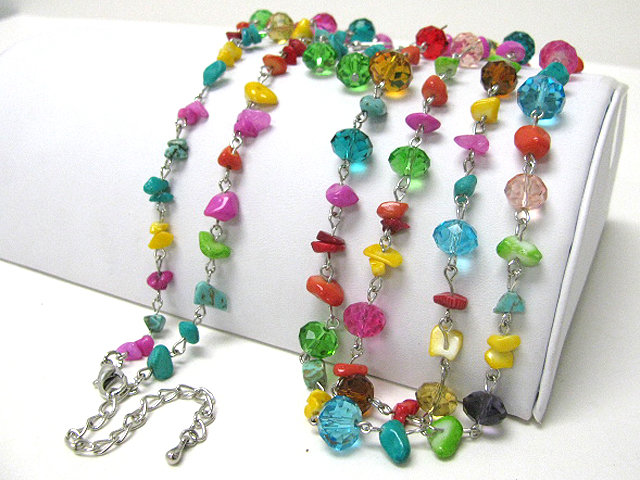 Facet glass beads and natural chip stone link long necklace earring set