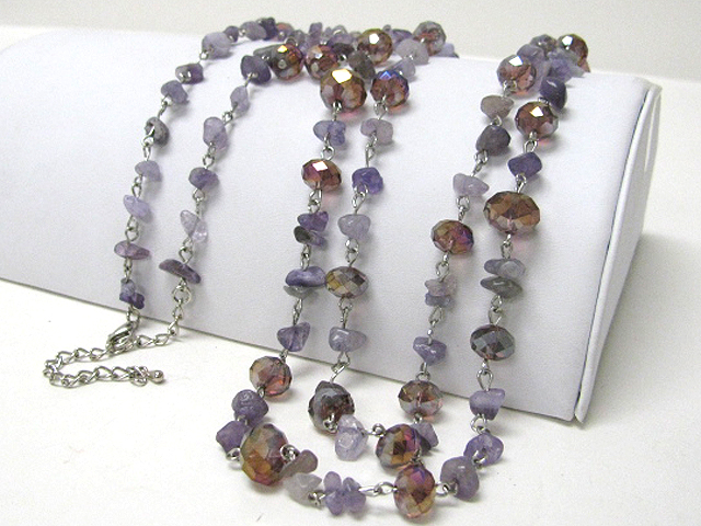 Facet glass beads and natural chip stone link long necklace earring set