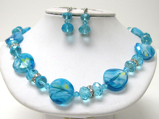 Facet glass art disk and beads necklace earring set