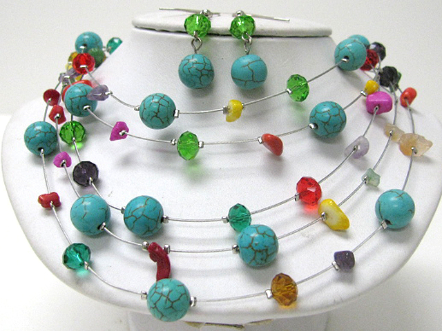 Five row turquoise ball and mixed chip stone and beads necklace earring set