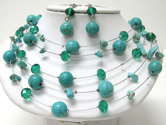 Five row turquoise ball and mixed chip stone and beads necklace earring set