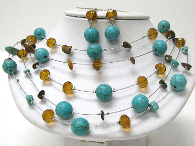 Five row turquoise ball and mixed chip stone and beads necklace earring set