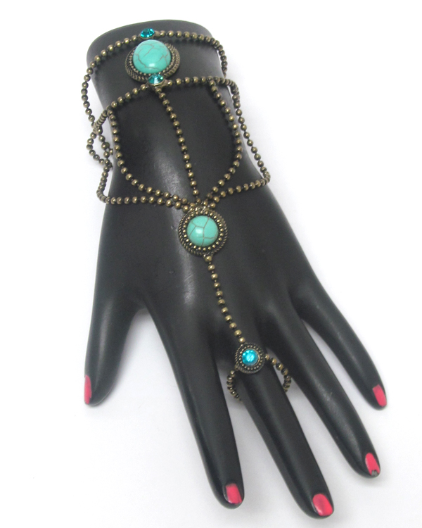 Boho style turquoise accent ball chain slave ring and bracelet set