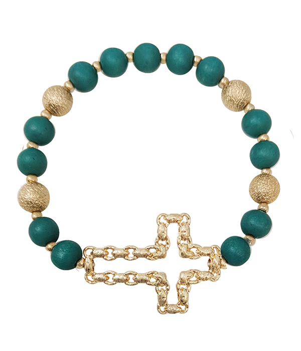 Cross and multi ball bead stretch bracelet