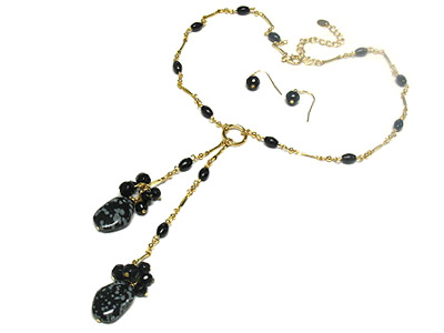 Dual long semi precious dangles and acryl deco  necklace and earring set  cross pendant necklace and earring set 