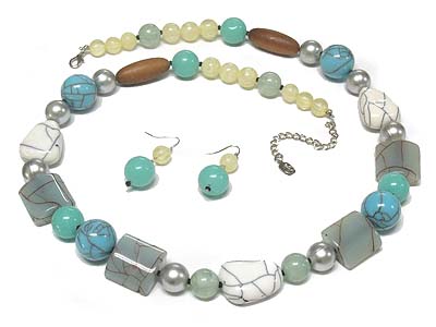 Multi hand painted glass bead and metal bead and wood necklace and earring set 