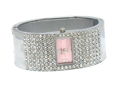 Crystal paved deco rectangle face metal hinge watch