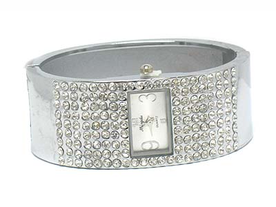 Crystal paved deco rectangle face metal hinge watch