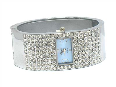 Crystal paved deco rectangle face metal hinge watch