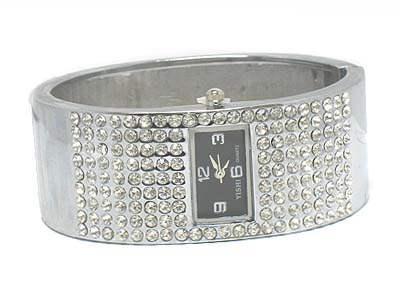 Crystal paved deco rectangle face metal hinge watch