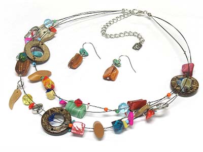 Multi strands shell and acryl bead necklace and earring set