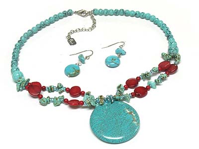 Turquoise stone round pendant and bead necklace earring set 