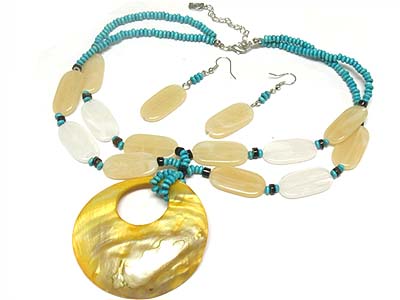 Round shell donut and turquoise seed bead necklace and earring set 