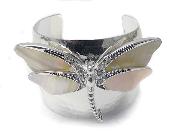 Crystal and abalne dragonfly top metal cuff bangle