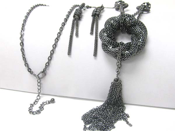 Braided tube chain ring and tassel drop long chain necklace