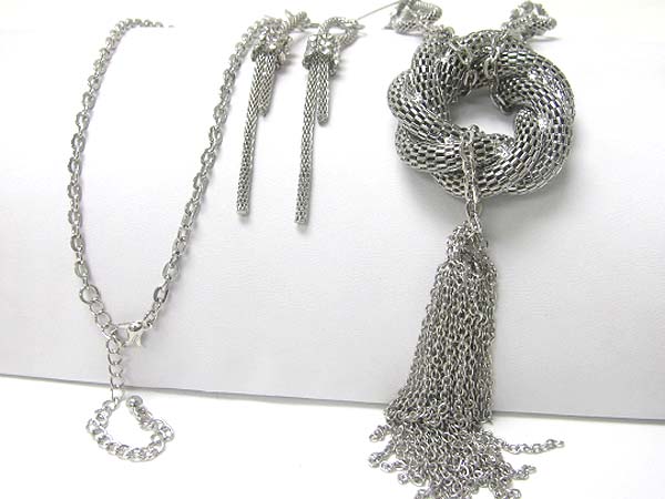 Braided tube chain ring and tassel drop long chain necklace 