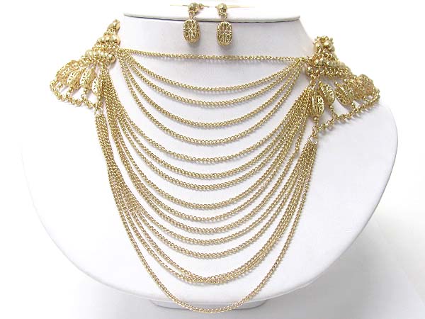 Multi layer metal chain hanging neckalce earring set