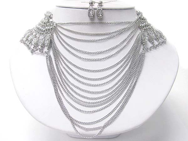 Multi layer metal chain hanging neckalce earring set