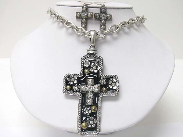 Medieval design crystal and patina metal cross pendant necklace earring set