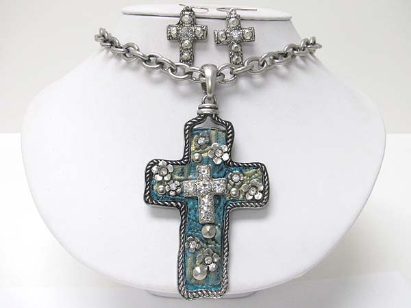 Medieval design crystal and patina metal cross pendant necklace earring set