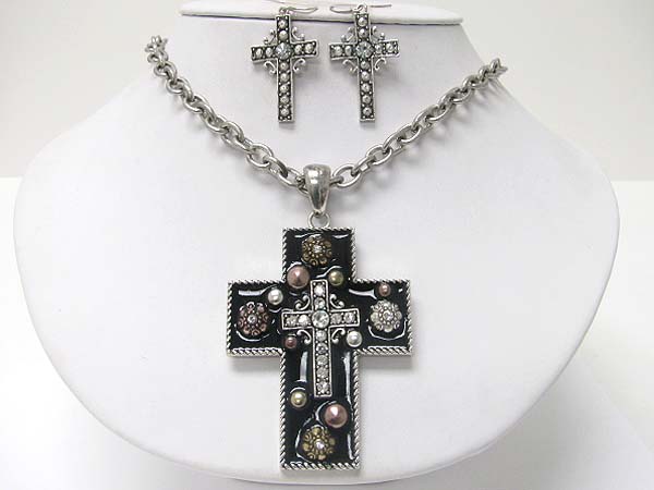 Medieval design crystal and patina metal cross pendant necklace earring set