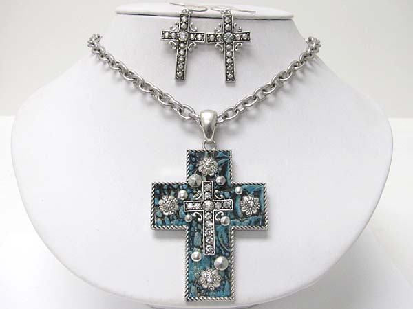 Medieval design crystal and patina metal cross pendant necklace earring set