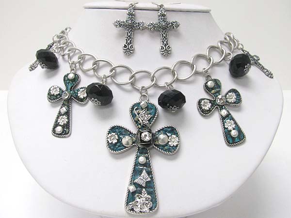 Medieval design crystal and patina metal multi cross dangle necklace earring set