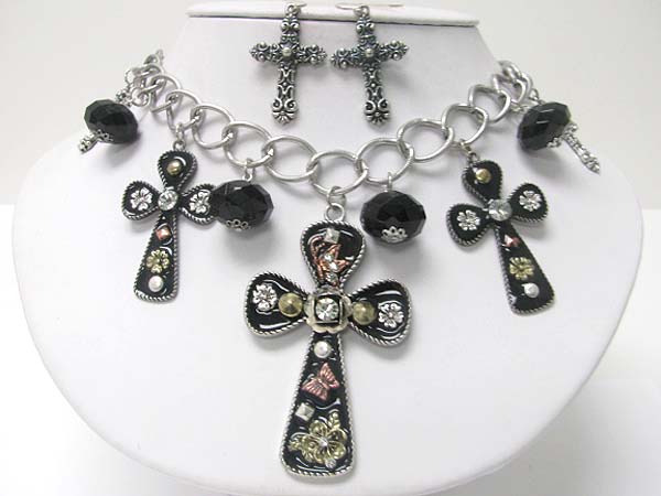 Medieval design crystal and patina metal multi cross dangle necklace earring set