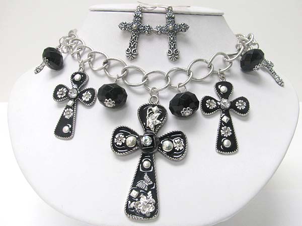 Medieval design crystal and patina metal multi cross dangle necklace earring set