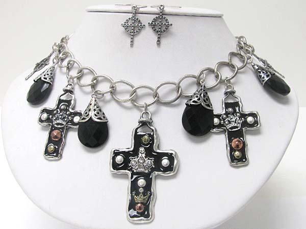 Medieval design crystal and patina metal multi cross dangle necklace earring set