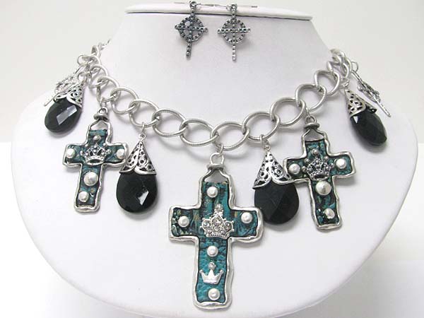 Medieval design crystal and patina metal multi cross dangle necklace earring set