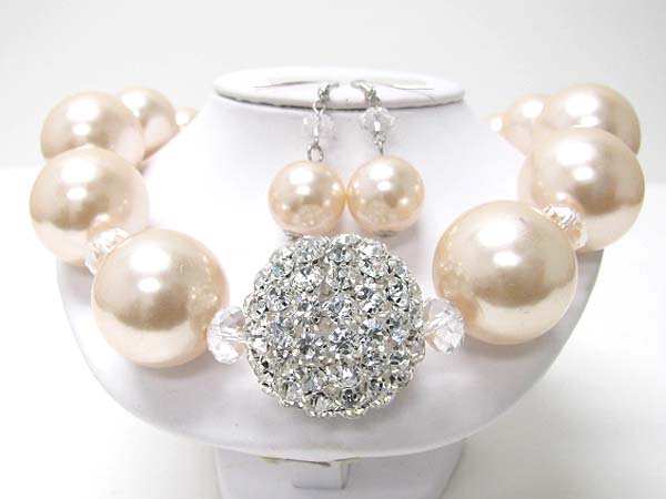 Crystal stud ball accent chunky pearl ball necklace earring set